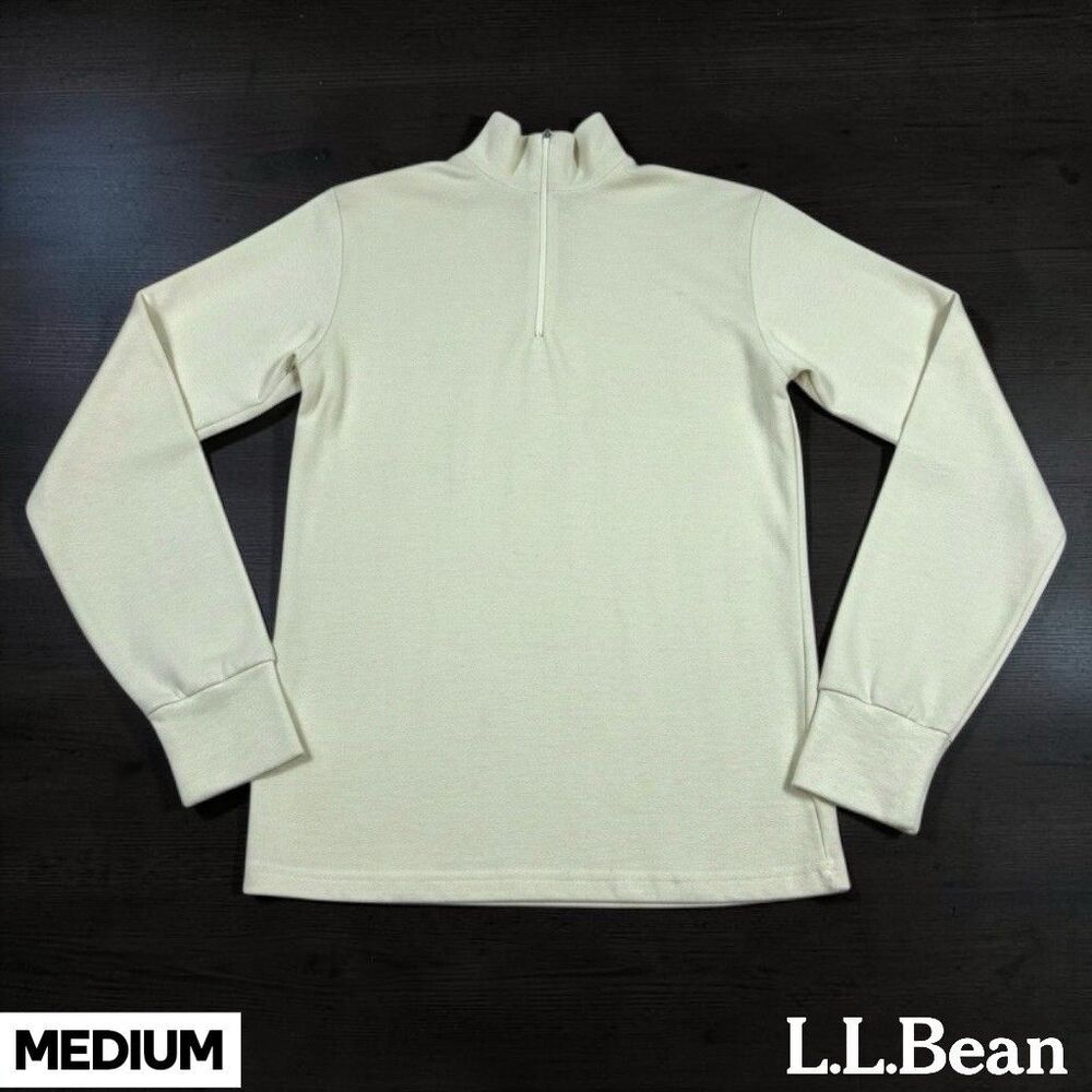 Vintage L.L. Bean Shirt Womens MED Quarter Zip Pullover Cream Mock Neck USA Made